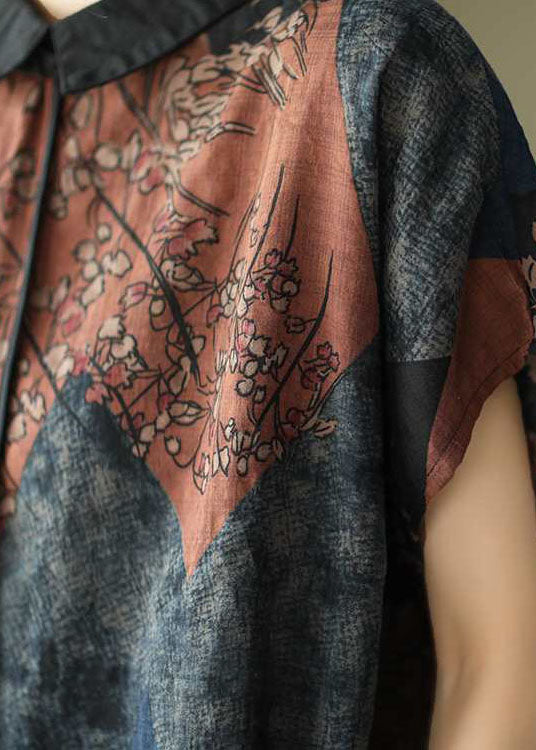 Diy Peter Pan Collar Print Linen Blouse Tops Short Sleeve