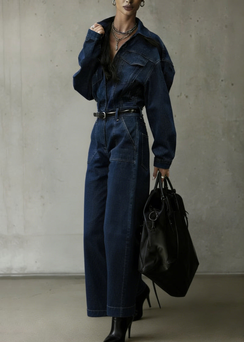 Denim Blue Peter Pan Collar Patchwork Pocket Jumpsuit Spring