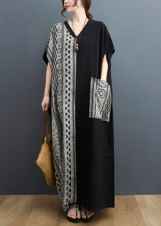 Black Colorblock V Neck Pocket Patchwork Holiday Dress Short Sleeve