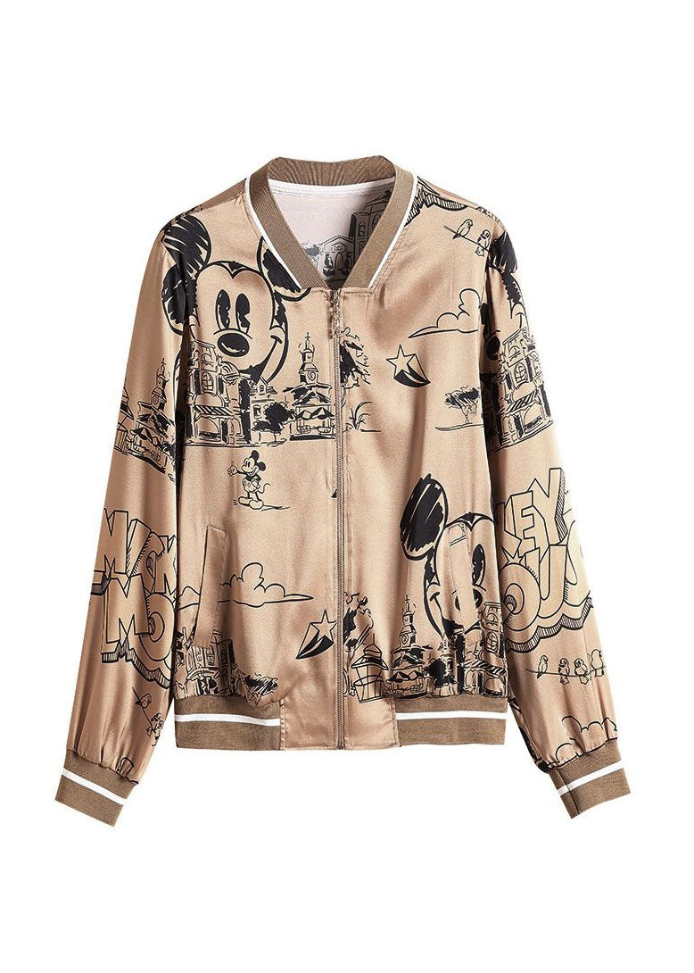 Coffee Zippered Patchwork Print Silk Coats Spring