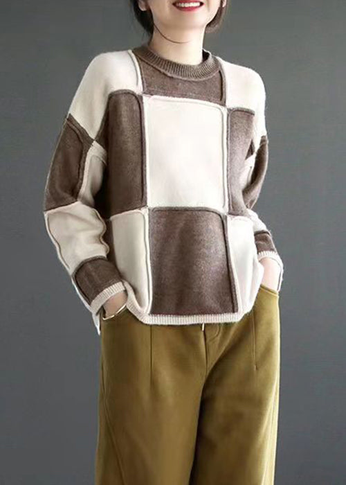 Yellow O-neck Patchwork Knit Top Long Sleeve