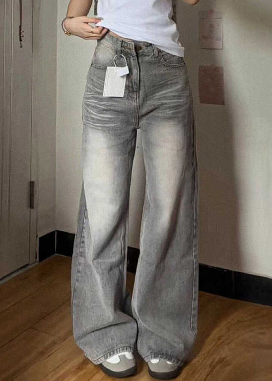 Grey Pockets High Waist Denim Wide Leg Pants Fall