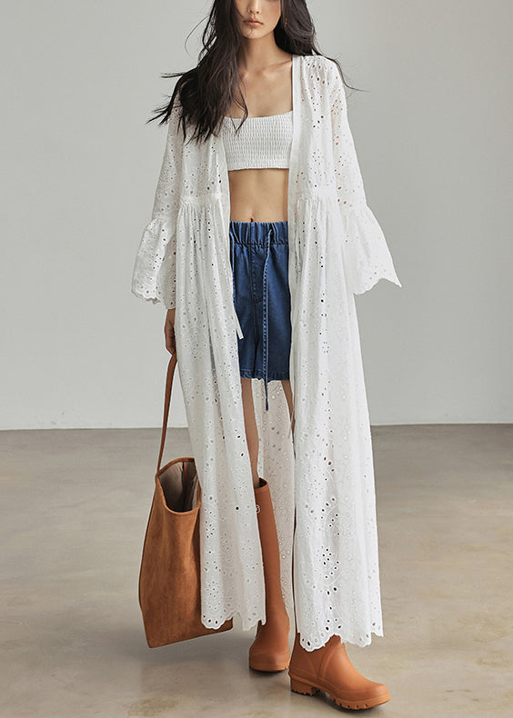 White Lace Up Hollow Out Cotton Dresses Flare Sleeve