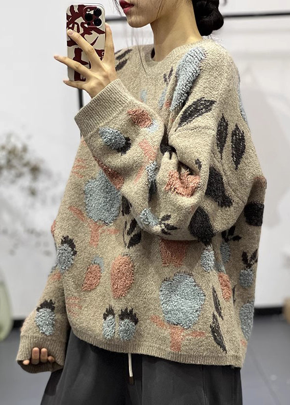 Cozy Khaki O Neck Jacquard Thick Warm Knit Sweaters Winter
