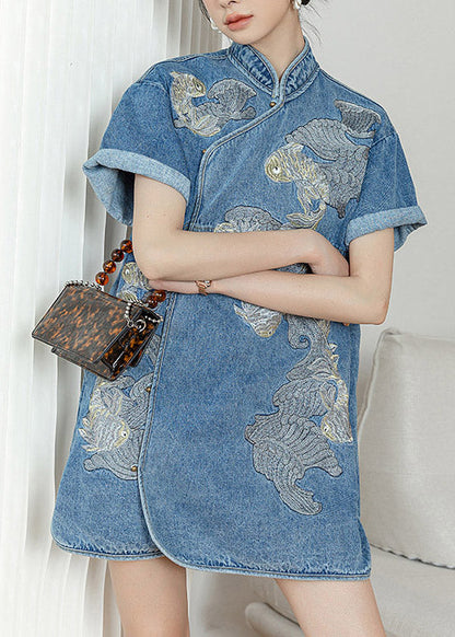 Unique Blue Stand Collar Embroideried Side Open Button Cotton Denim Mid Dress Short Sleeve