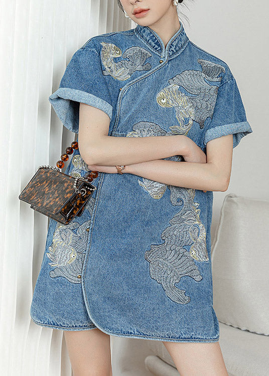 Unique Blue Stand Collar Embroideried Side Open Button Cotton Denim Mid Dress Short Sleeve