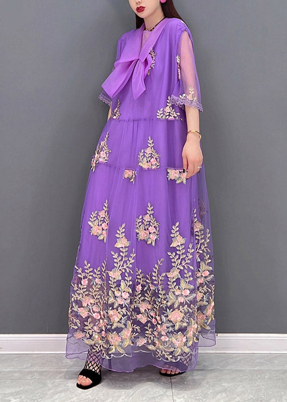 Diy Purple Peter Pan Collar Embroideried Lace Patchwork Tulle Holiday Dress Three Quarter Sleeve