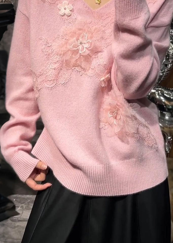 Pink V Neck Nail Bead Cotton Knit Sweaters Fall