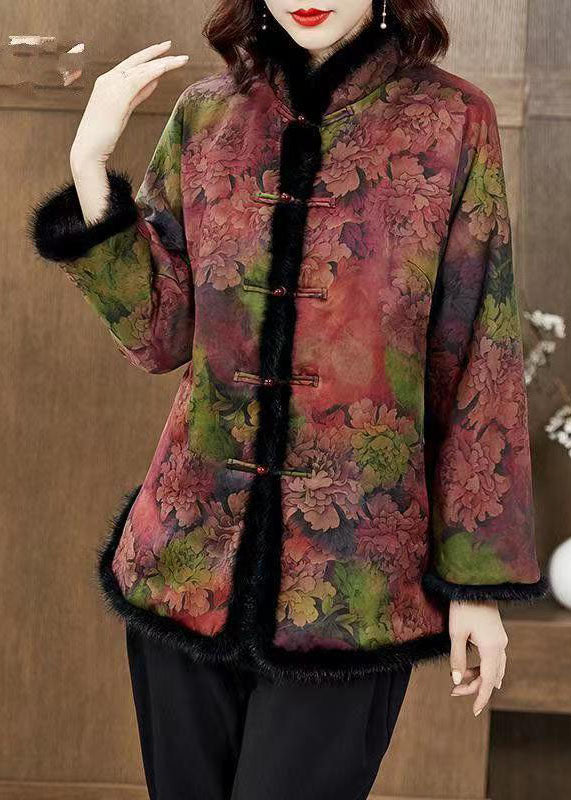 Red Print Pockets Mink Hair Patchwork Fine Cotton Filled Coats Winter