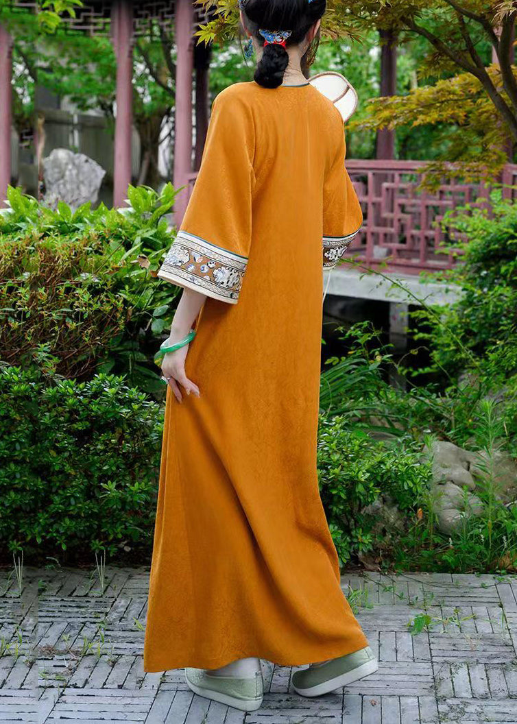 Orange Button Print Silk Long Dresses Bracelet Sleeve