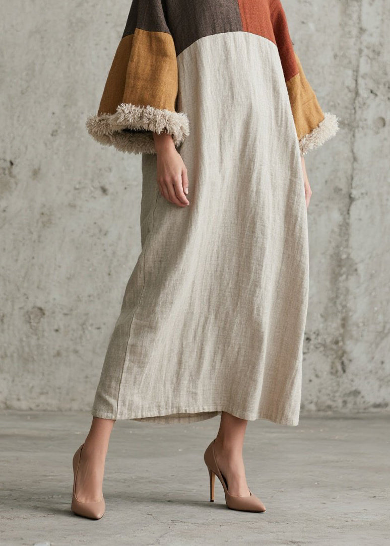 Original Design Colorblock Fuzzy Fur Patchwork Cotton Dress Fall