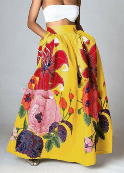 Yellow High Waist Pockets Print Cotton a Line Skirt Summer