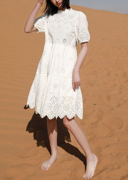 Art White Embroidered Hollow Out Cotton Dresses Summer