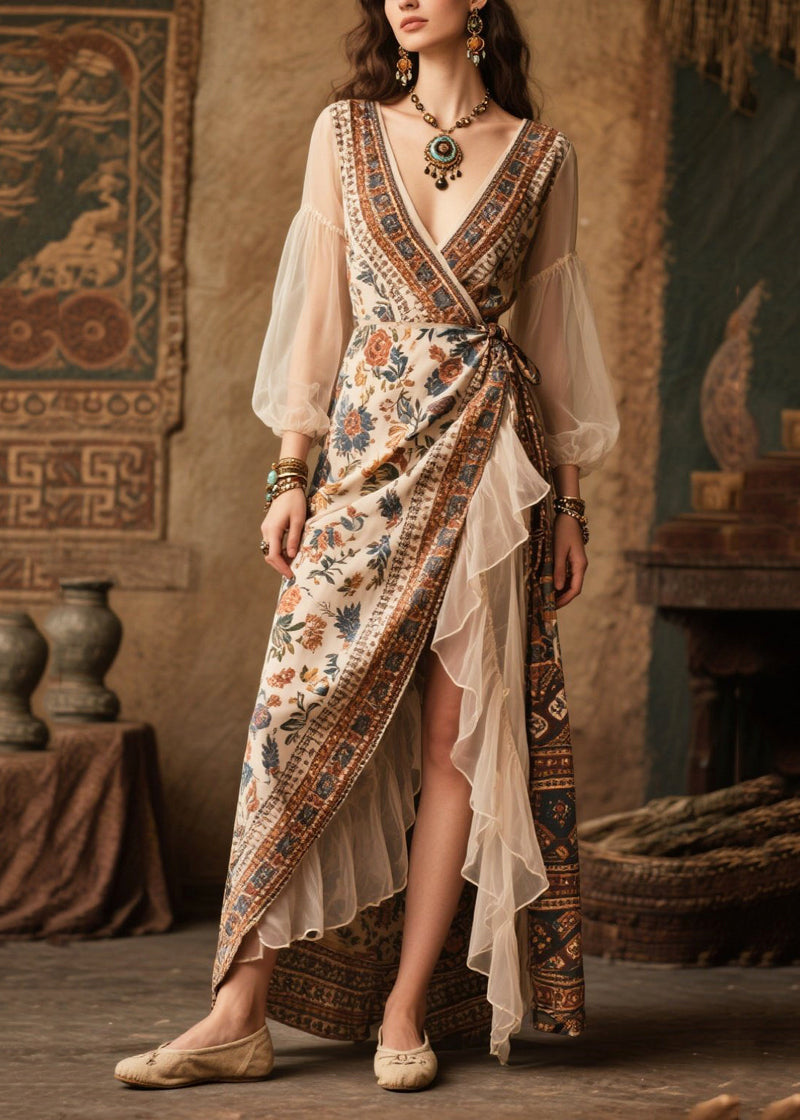 Beige Asymmetrical Patchwork Chiffon Tunic Dresses Summer