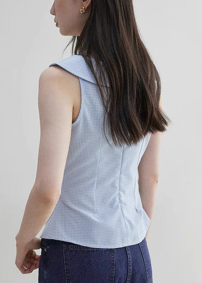 Blue Peter Pan Collar Plaid Cotton Shirt Sleeveless