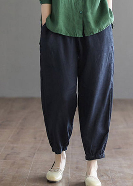 Navy Elastic Waist Harem Cotton Pants Summer