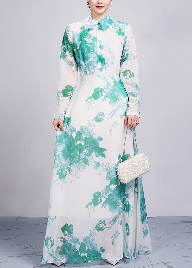 Green High Waist Chiffon Robe Dresses Peter Pan Collar Spring