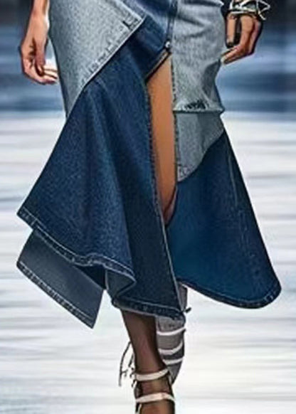 Blue Side Open Patchwork Denim Skirt Summer
