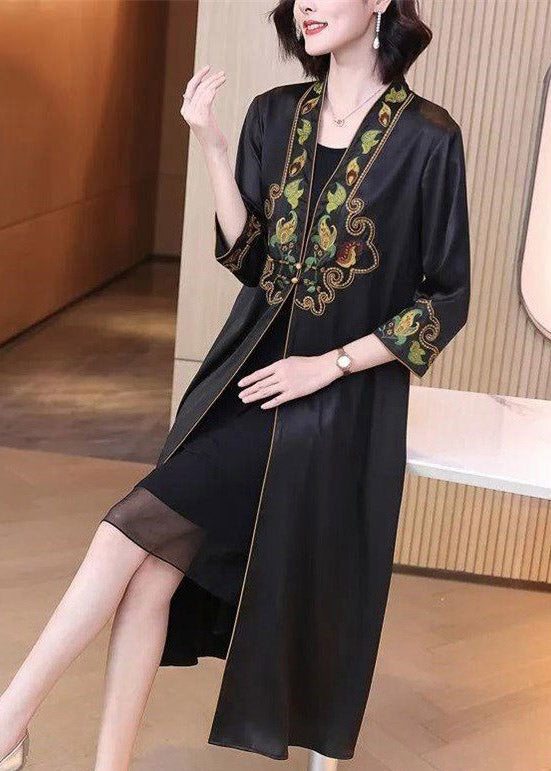 Modern Black V Neck Embroideried Button Trench Coat Long Sleeve