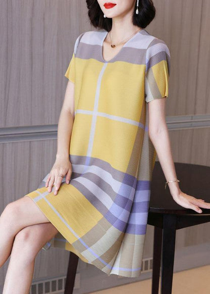 Loose Pink Plaid O-neck Half Sleeve Dress Summer