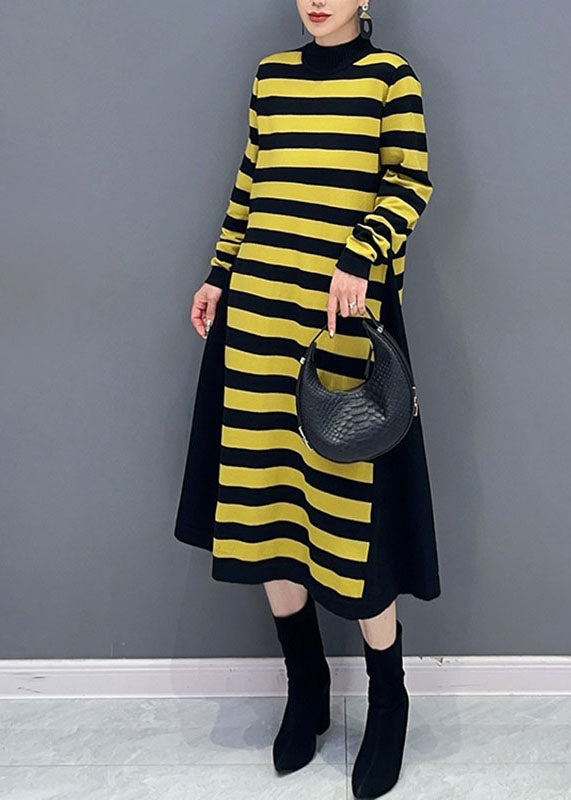 Yellow O-neck Striped Patchwork Party Maxi Dress Long Sleeve