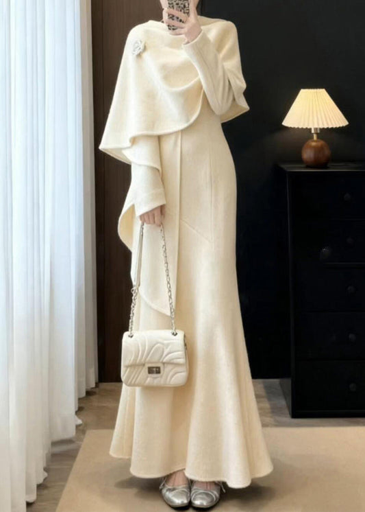 Apricot Shawl and Maxi Dresses Two Pieces Set Fall