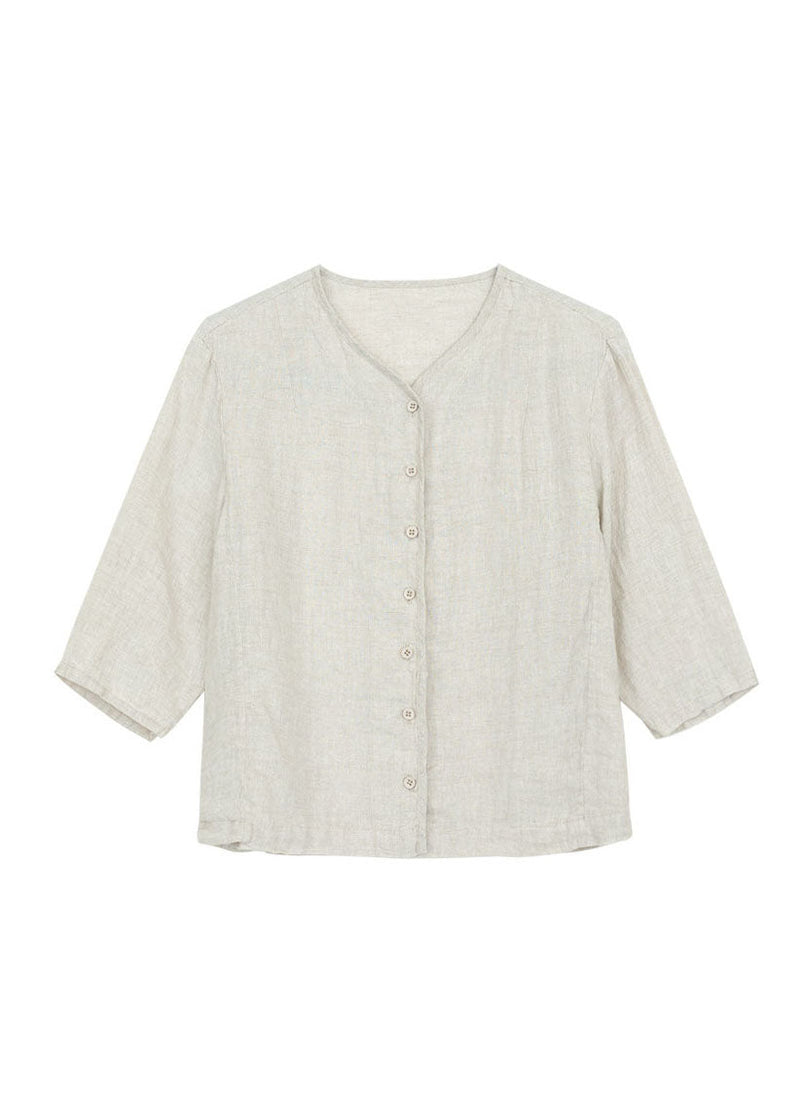 New Coffee V Neck Button Linen Cardigan Bracelet Sleeve