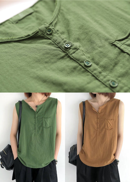 Modern Green O-neck Linen Tops Sleeveless