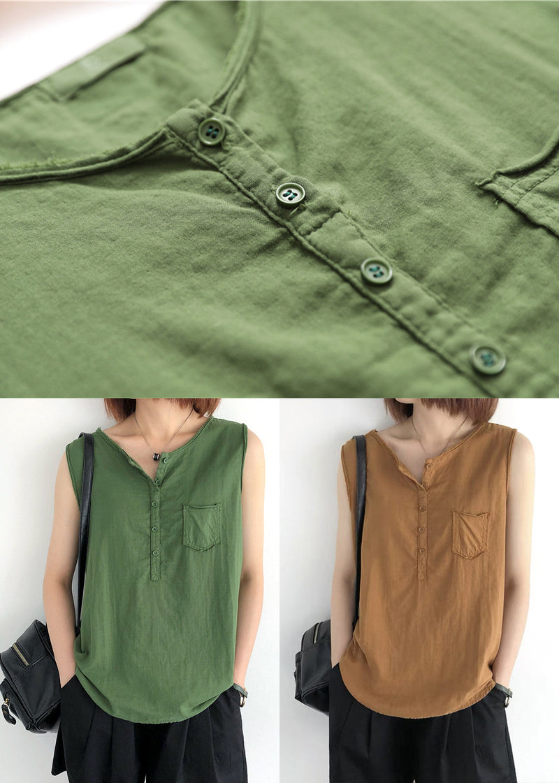 Modern Green O-neck Linen Tops Sleeveless