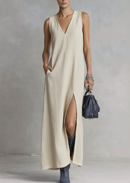 Brief Ramie V Neck Pockets Patchwork Maxi Dresses Summer