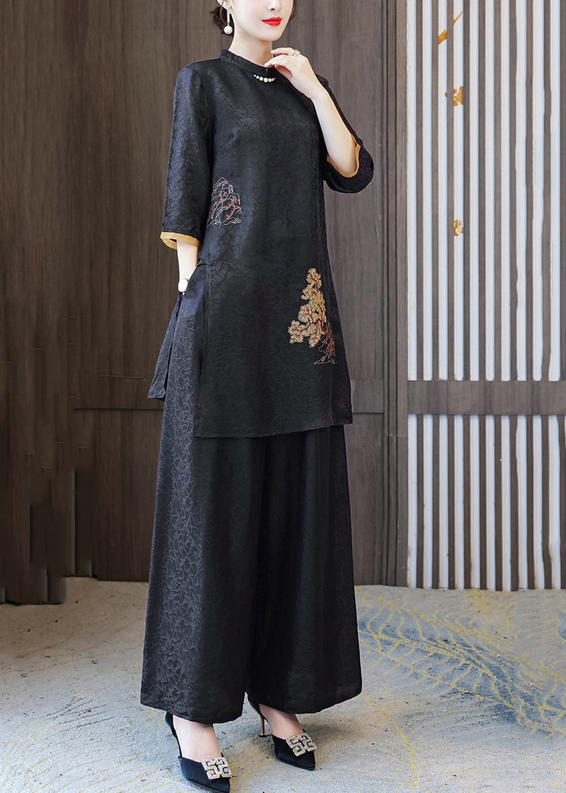 Black Stand Collar Oversized Jacquard Spandex 2 Piece Outfit Summer