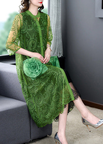Green O-neck Lace Patchwork Button Tulle Maxi Coats Summer