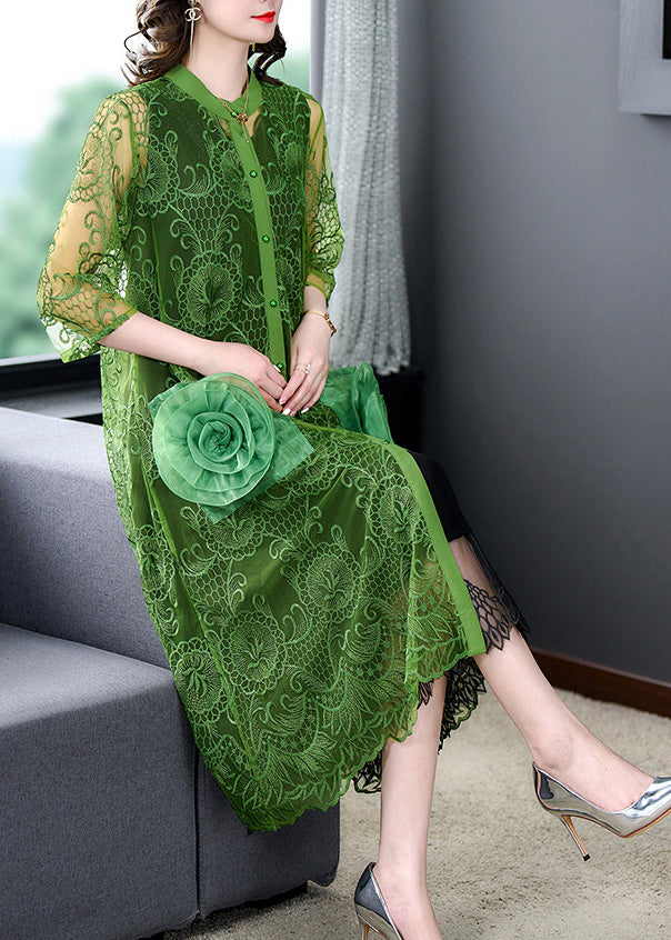 Green O-neck Lace Patchwork Button Tulle Maxi Coats Summer