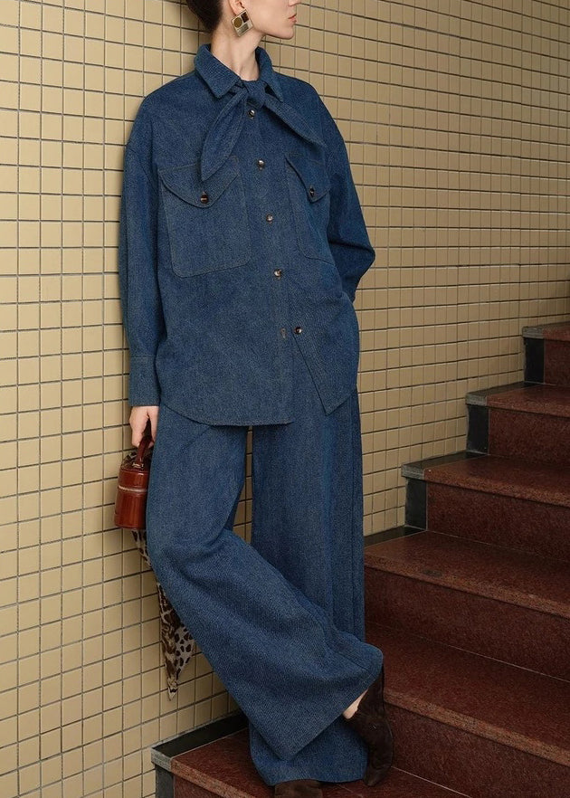 Denim Blue Peter Pan Collar Button Shirt and Pants Two Pieces Set Spring