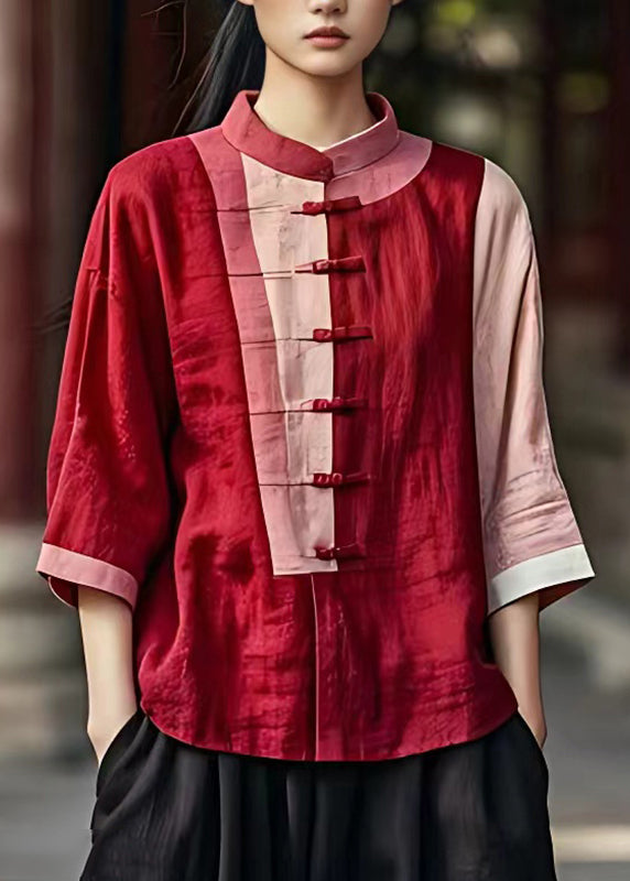 Red Patchwork Button Shirt Bracelet Sleeve
