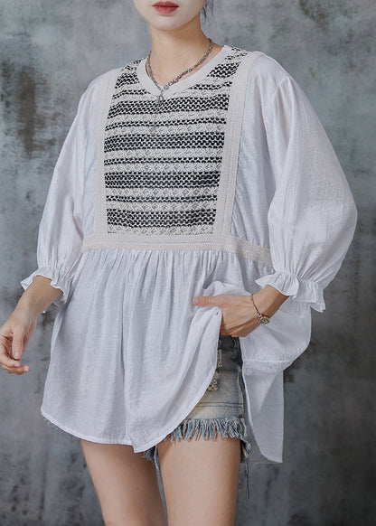 White Oversized Patchwork Cotton Tops Bracelet Sleeve