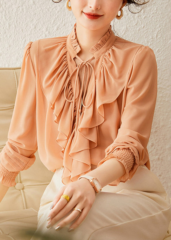 Orange Stand Collar Tops Lantern Sleeve