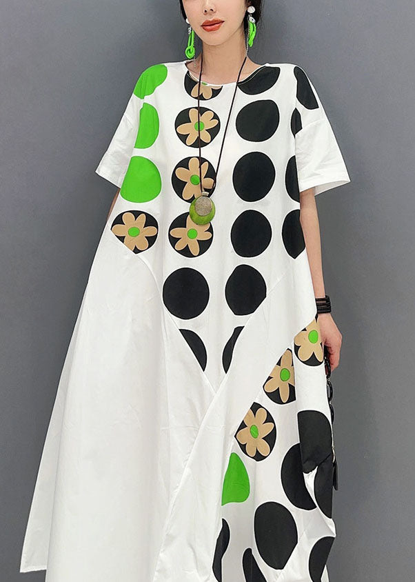 Diy White Oversized Patchwork Dot Print Cotton Party Dress Short Sleeve