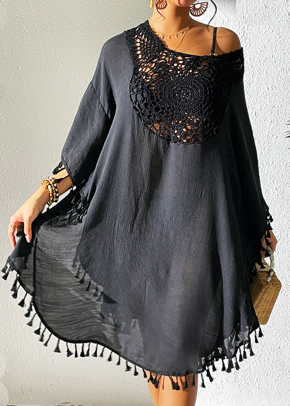 Black O-neck Hollow Out Patchwork Tassel Swimwear Smock