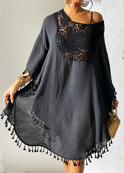 Black O-neck Hollow Out Patchwork Tassel Swimwear Smock