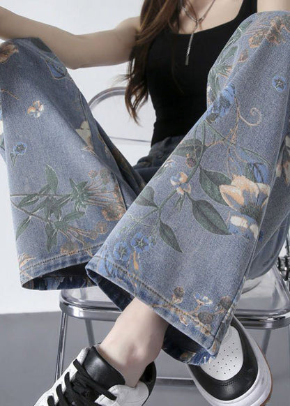 Diy Blue Print Zippered Long Straight Jeans