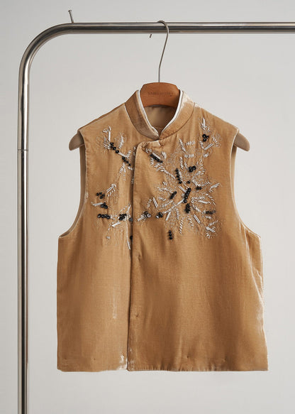 Yellow Embroidered Nail Bead Silk Velour Vests Fall