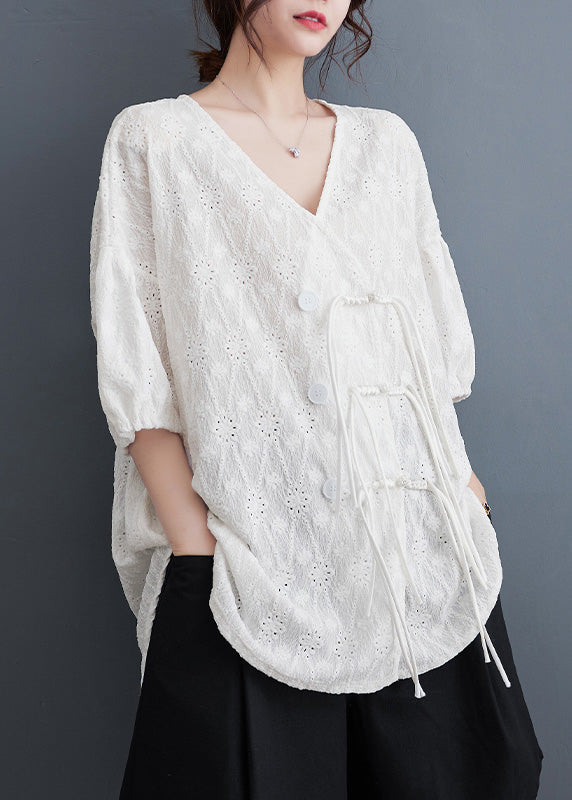 White V Neck Print Tassel Lace Shirt Summer