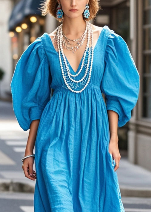 Blue Cotton Holiday Dress V Neck Puff Sleeve Summer