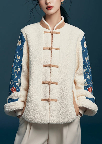 White Button Print Patchwork Teddy Faux Fur Coats Winter