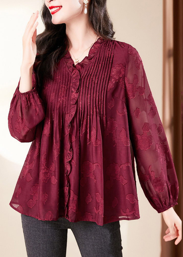 Red V Neck Ruffled Chiffon Shirt Long Sleeve