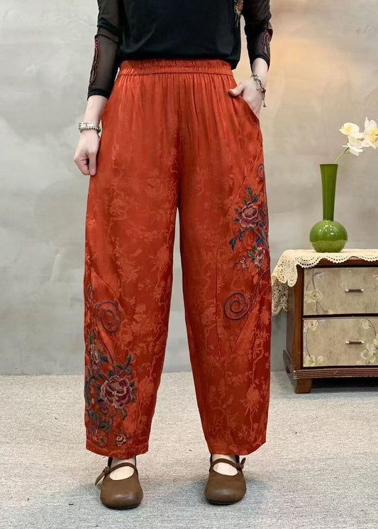 Orange Embroidered Jacquard Pockets Silk Harem Pants Spring