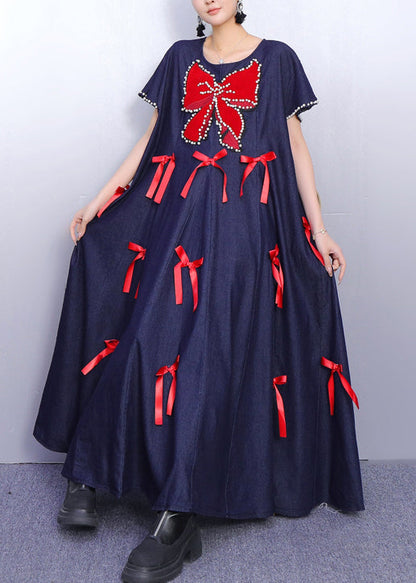 Navy Oversized Butterfly Bow Denim Maxi Dresses Summer