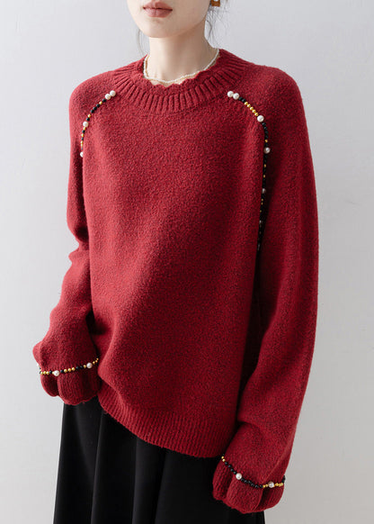 Red O Neck Nail Bead Knit Sweater Spring