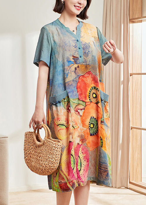 Blue Print Pockets Cotton Dresses Short Sleeve